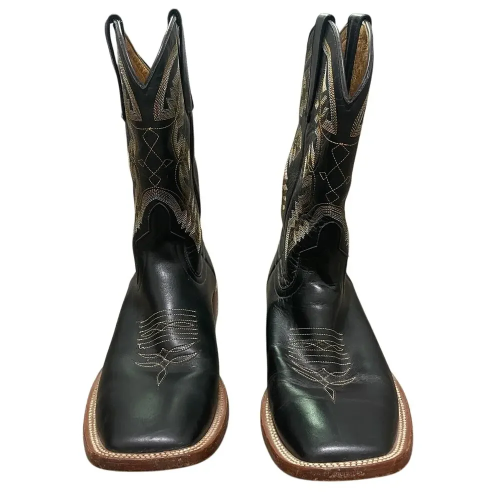 Men's Black Leather Western Cowboy Boots with Embroidered Shaft